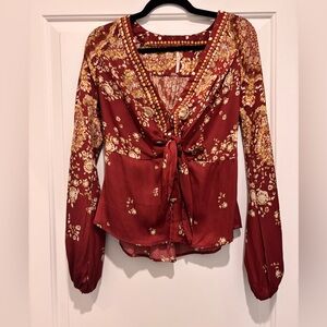 Free People Silk Burgundy Floral Blouse